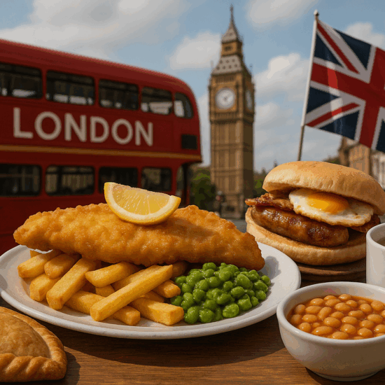 A plate of fish and chips with peas, a pasty, baked beans, a burger with egg, and a cup of tea sit on a table. In the background are a London bus, Big Ben, buildings, and a waving UK flag.